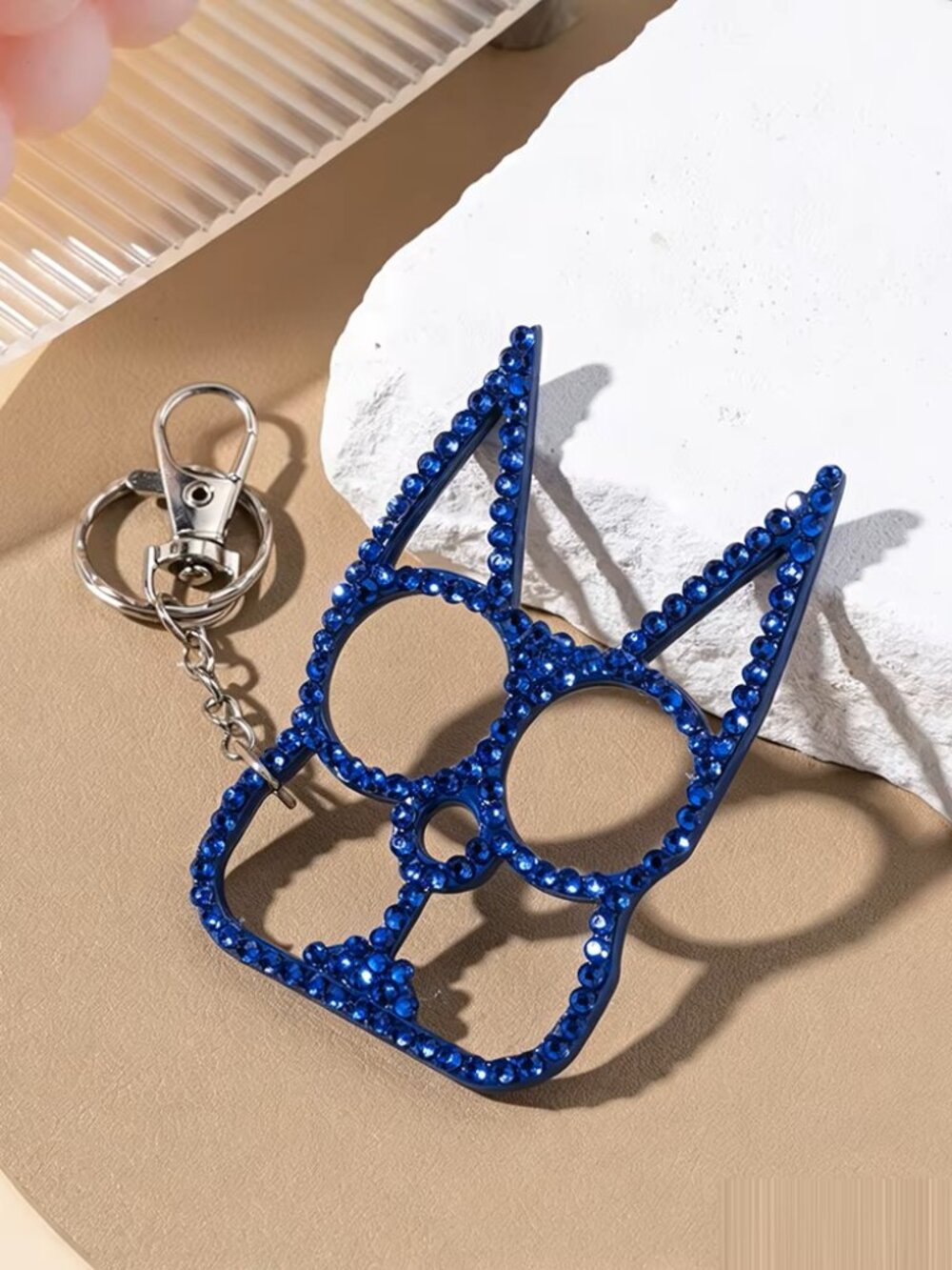 Blue Rhinestone Kitty Cat Ear Self Defense Keychain Bottle Opener🔑🐱